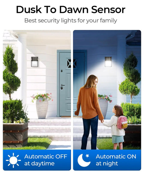Day and night comparison of 30W Plug In LED Wall Pack Light With Dusk To Dawn Sensor on house exterior near garage and garden