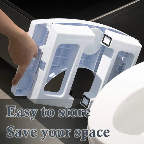 Toilet Stool For Adults And Toddlers, Foldable Footstool For Healthier Pooping, ergonomic design shown folded being stored.