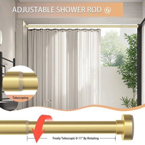 Gold Shower Curtain Rod 34 To 66 Inches Adjustable Telescopic Spring Tension No Drill Rustproof shown in bathroom window setting