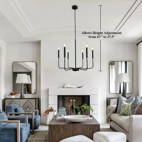 Black Farmhouse Chandeliers For Dining Room 26 Inch 6 Light Modern Candle Linear Traditional Metal Hanging Ceiling Light Fixture