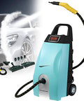 Heavy Duty Commercial Steam Cleaner For Kitchen And Auto Detailing, 230F High Temp Tank Takes A Mean Shot At Thick Grease And Caked On Grime, Fast Heat Up Makes Deep Cleaning A Breeze On Any Floor Blue in use with steam nozzle.