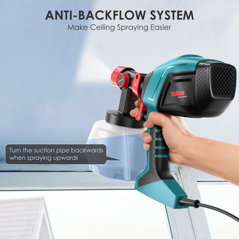 Blue and black handheld sprayer with anti-backflow system for ceiling spraying shown in close-up angle highlighting suction pipe direction.