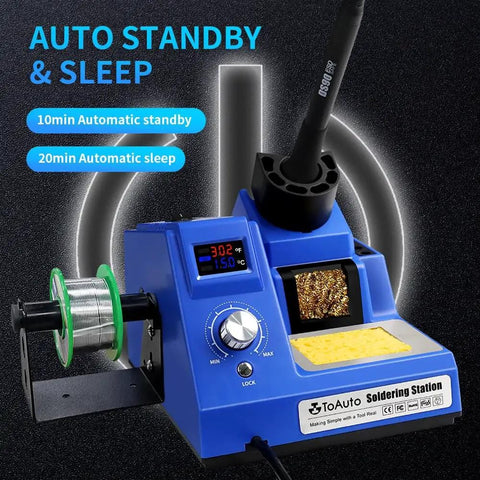 DS90 Dual Digital Soldering Station Kit With 90W Iron, blue unit, 302F display, sponge tray, and solder reel holder.