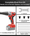 Heavy Duty Brushless Cordless Rivet Gun Compatible With Milwaukee M18 Batteries for Automotive and Jobsite Projects kit with interchangeable nosepieces.
