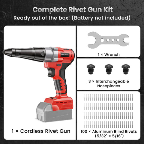 Heavy Duty Brushless Cordless Rivet Gun Compatible With Milwaukee M18 Batteries for Automotive and Jobsite Projects kit with interchangeable nosepieces.