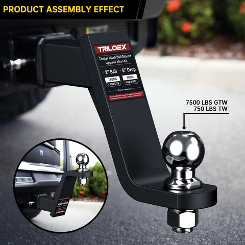 Trailer Hitch Mount With Two Inch Ball For Two Inch Receiver, Six Inch Drop, Rock Solid Towing Up To Seven Thousand Five Hundred Pounds