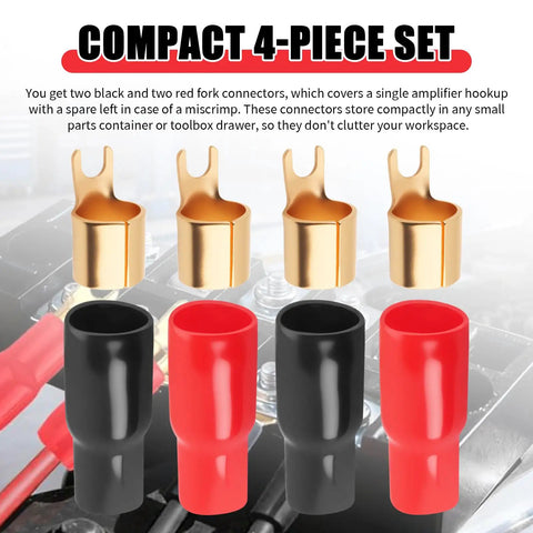 Compact 4-piece set of Top Tier 0 Gauge Fork Connectors For Car Audio Power Cables in red and black.