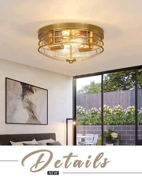 Living room with 13 Inch Flush Mount Ceiling Light Fixture With Clear Glass And Brushed Gold Finish Modern Farmhouse Style