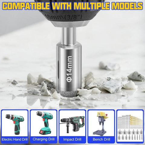 Beefy 38 Piece Masonry Drill Bit Set With Premium Carbide Tips showing bit drilling into concrete, compatible with various drills.