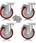PRITEK 5-inch swivel caster wheels, 4-pack, rubber red wheels with brakes, plate mount, screws included