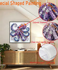 5D Diamond Painting Kit For Beginners With Purple Octopus Special Shape Easy To Start Clear Crystal Rhinestones Paint By Diamonds And Crafts For Adults Home Wall Decor 12x12 Inch All In One Diamond Art Set displayed on a wall above a cabinet.