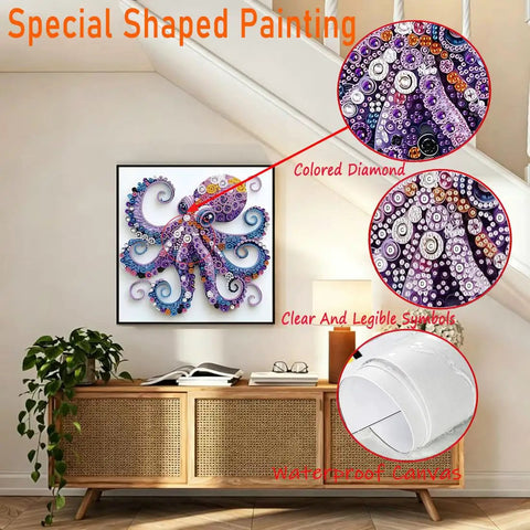 5D Diamond Painting Kit For Beginners With Purple Octopus Special Shape Easy To Start Clear Crystal Rhinestones Paint By Diamonds And Crafts For Adults Home Wall Decor 12x12 Inch All In One Diamond Art Set displayed on a wall above a cabinet.