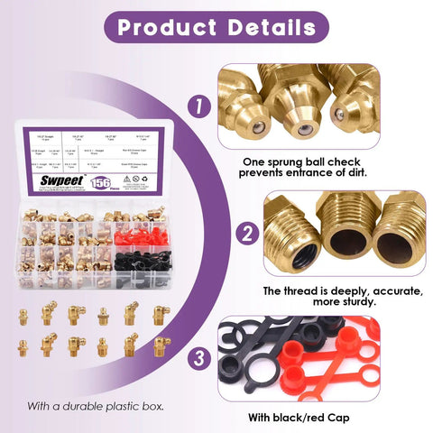 All In One SAE And Metric Brass Grease Nipple Kit With Caps 156 Pcs Hydraulic Fittings Set for Lubrication, product details view