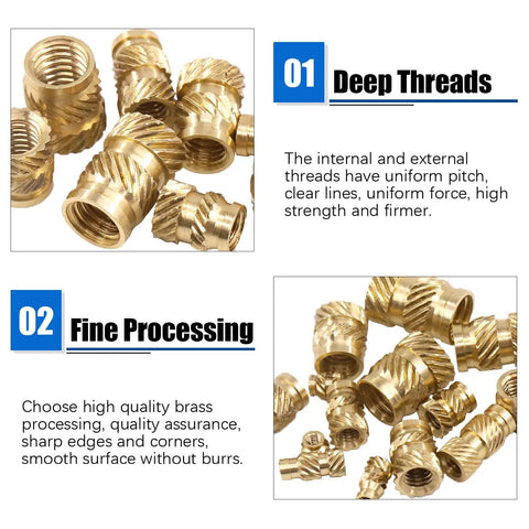 220 Piece Threaded Inserts Kit With Heat Set Tool For 3D Printing And DIY Makers, brass knurled nuts close-up