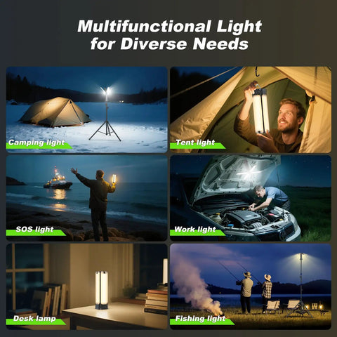 Rechargeable Camping Lantern With Remote And Eight Point Two Foot Stand 14000 mAh Battery 6000 Lumen Magnetic Work Light Portable Outdoor Light For Hiking Camping Emergencies Power Outages shown in various outdoor and indoor uses