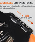 Close-up of Pro Grade All In One Closed Barrel Crimp Tool Kit showing adjustable 7-mode crimping force mechanism IWD-16