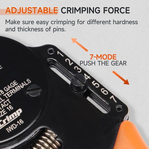 Close-up of Pro Grade All In One Closed Barrel Crimp Tool Kit showing adjustable 7-mode crimping force mechanism IWD-16