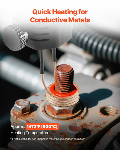 Magnetic Induction Heater Coil Kit heating a rusted bolt to 1472°F, showcasing durable long life inductor heat accessories.