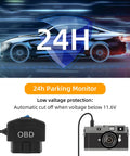 Straight USB C OBD Power Cable For Dash Cams, 11.5 Ft Hardwire Hookup displayed with parking monitor illustration.