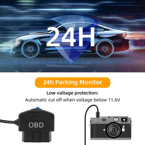 Straight USB C OBD Power Cable For Dash Cams, 11.5 Ft Hardwire Hookup displayed with parking monitor illustration.