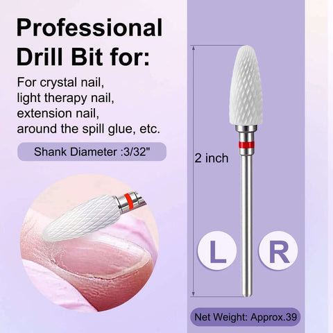 Front view of a white ceramic cone nail drill bit with 3/32" shank for acrylics and gels.