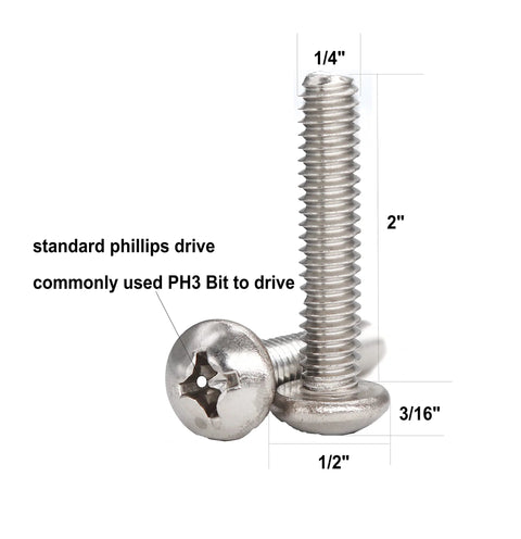 Two 1/4-20 x 2 in round head Phillips machine screws in 304 stainless steel, plain finish