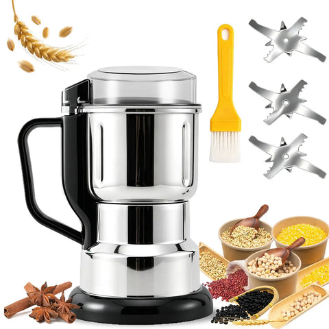 Premium 304 Stainless Steel Electric Grain Mill Grinder with wheat, spices, and tools, ideal for fine flour and home cooking.