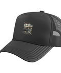 Stylish Black Gauge Square Vise Trucker Hat Perfect For Machinist And CNC Tool Geeks with Adjustable Mesh Back and Graphic Front.