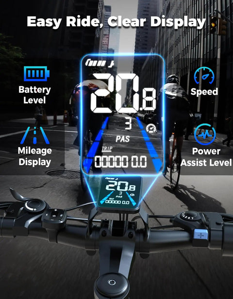 Electric Mountain Bike For Adults With A Beastly 1500W Peak Motor, LCD display showing speed and battery level on city street