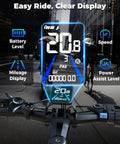 Display of Ultimate All Terrain Electric Bike For Adults With 1500W Peak Power, showing speed, battery, and mileage on city street.