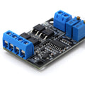 Dual Dc Power Switching Module With Ideal Diode 6 To 36V Input 15A High Power Output Ultra Low Self Consumption Mcu Controlled Fast Switching UPS Style Backup For Electronics 1 Pack, close-up view, showing blue connectors and components on circuit board.