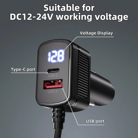 Plug And Play Road Warrior 10 Foot DC Power Cable Featuring Dual 100 Watt Charging Bays And Integrated Volt Gauge, with USB ports and voltage display.