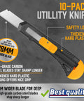 18mm steel blade knife with safety lock in black and orange for precise box cutting.