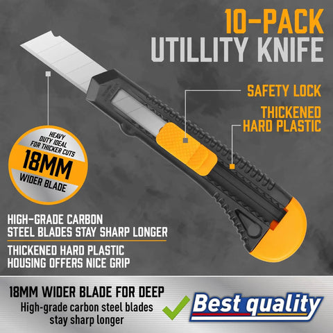 18mm steel blade knife with safety lock in black and orange for precise box cutting.
