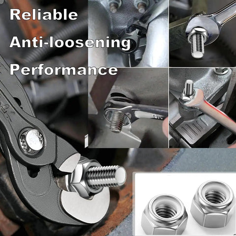 Close-up of tools using 130-Piece SAE Lock Nut Set Stainless Steel 304 A2-70 Includes 6-32 8-32 10-24 10-32 1/4-20