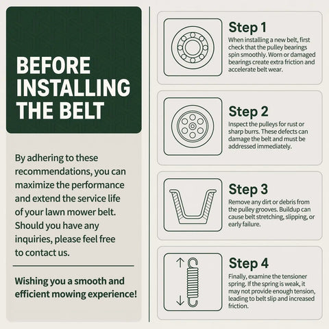 Infographic steps for installing three piece lawn mower deck drive belt kit for Toro TimeMaster 30 inch deck