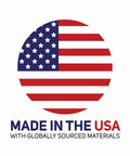 Made in the USA logo with globe design and text "Made in the USA with globally sourced materials"