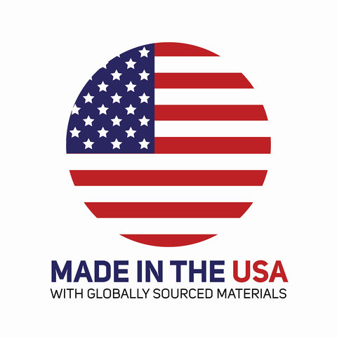 Made in the USA logo with globe design and text "Made in the USA with globally sourced materials"