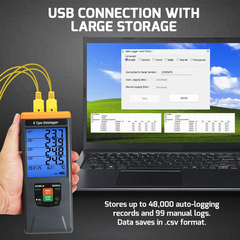 4 Channel Digital K Type Thermocouple Data Logger With 48K Records Pro Grade Temperature Recorder in lab with USB connection