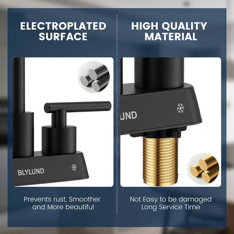 BLYLUND Black Commercial Bar Sink Faucet, Stainless Steel 2 Hole Bar Faucet showing electroplated surface details and quality materials.