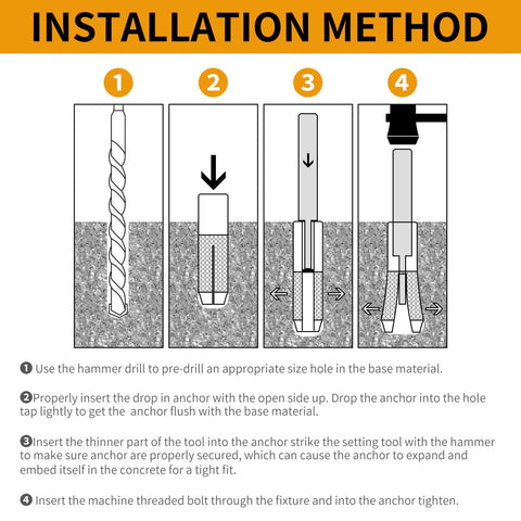 Installation method for Drop-In Anchor Setting Tool For Concrete, 3/8 Inch 16 Thread, Carbon Steel With Zinc Plating