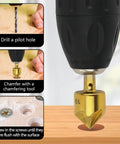 Six Piece Countersink Drill Bit Set With One Quarter Inch Hex Shank HSS Five Flute Countersink Bits 90 Degree Center Punch Tool Kit For Quick Change Sizes 6mm To 19mm Great For Woodworking showing drill process with bit in use on wood surface