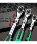 Heavy Duty One Quarter Inch Drive Ratchet And Socket Set Crafted From Rugged Chrome Vanadium Steel, showing extendable handle features.
