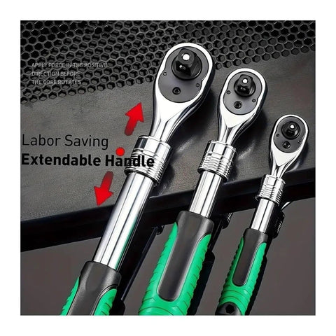 Heavy Duty One Quarter Inch Drive Ratchet And Socket Set Crafted From Rugged Chrome Vanadium Steel, showing extendable handle features.