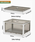 Large Capacity Shoe Storage Bin With Lids Stackable Plastic Organizer For Entryway Hallway Garage Space Saving Foldable Shoe Rack Keeps Kicks Tidy In White size display showing dimensions before and after folding