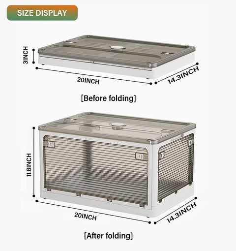 Large Capacity Shoe Storage Bin With Lids Stackable Plastic Organizer For Entryway Hallway Garage Space Saving Foldable Shoe Rack Keeps Kicks Tidy In White size display showing dimensions before and after folding