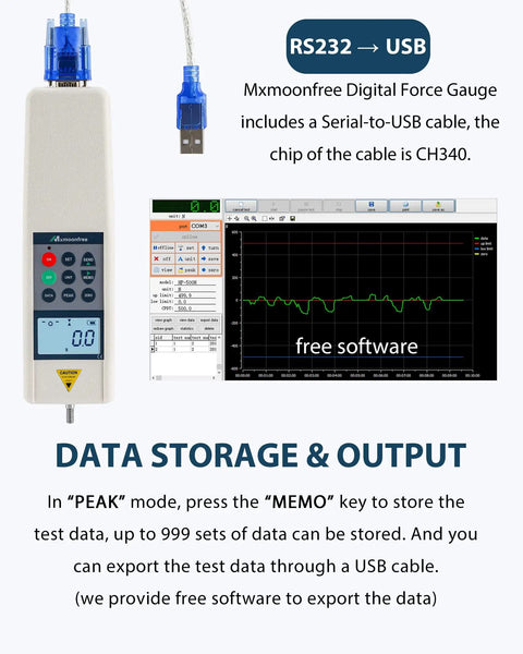 500N Digital Force Gauge Push Pull Meter With USB Output Real Time Data Streaming 999 Peak Data Storage Free Software For Easy Stats And Analysis High Precision Load Tester For Lab And Workshop Field Ready Gear, with RS232-USB cable