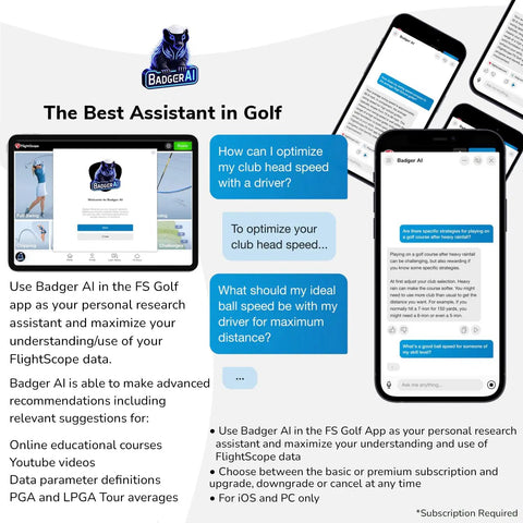 The Best Assistant in Golf graphic featuring Badger AI app interface on multiple devices with chat and text details.