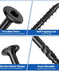 Close-up of 240Pcs Deck Screws Set for Woodworking showcasing Torx drive, self-tapping cut, radial serrations, knurl shoulder.