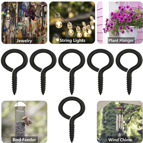 100 Pack 1 Inch Metal Screw Eyes Hooks Self Tapping Eye Rings for hanging jewelry, string lights, plant hangers, and more.